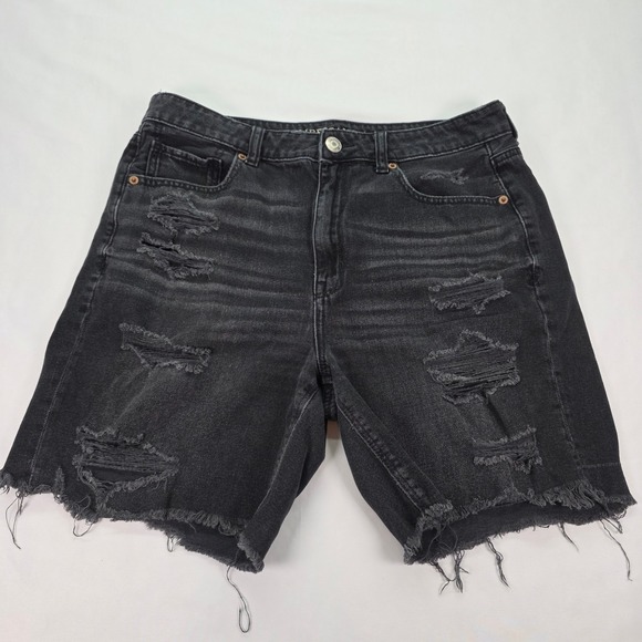 American Eagle Outfitters Pants - American Eagle Womens Distressed Denim Shorts Black High Waisted Frayed Hem 12